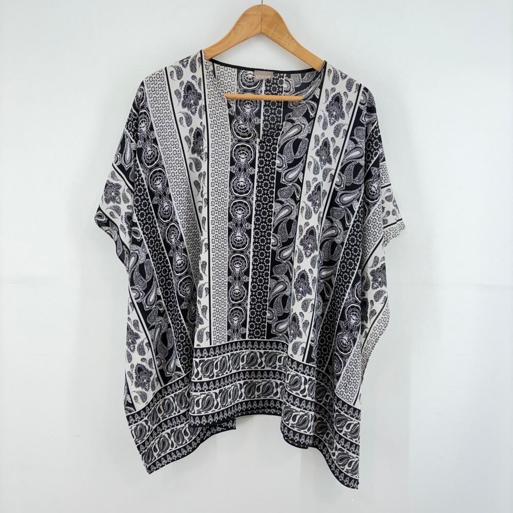 Chicos Black White Paisley Geometric Chiffon Poncho Kaftan Top OS Boho Chic Airy